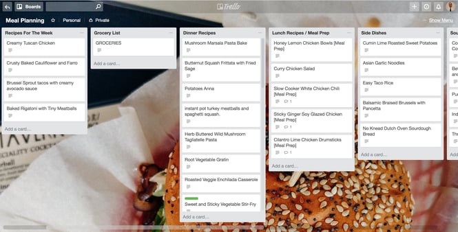 meal planning on a Trello board